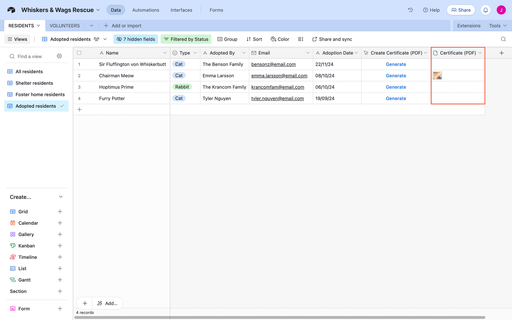 Screenshot of Airtable base with generation buttons and certificate attachment field outlined in red