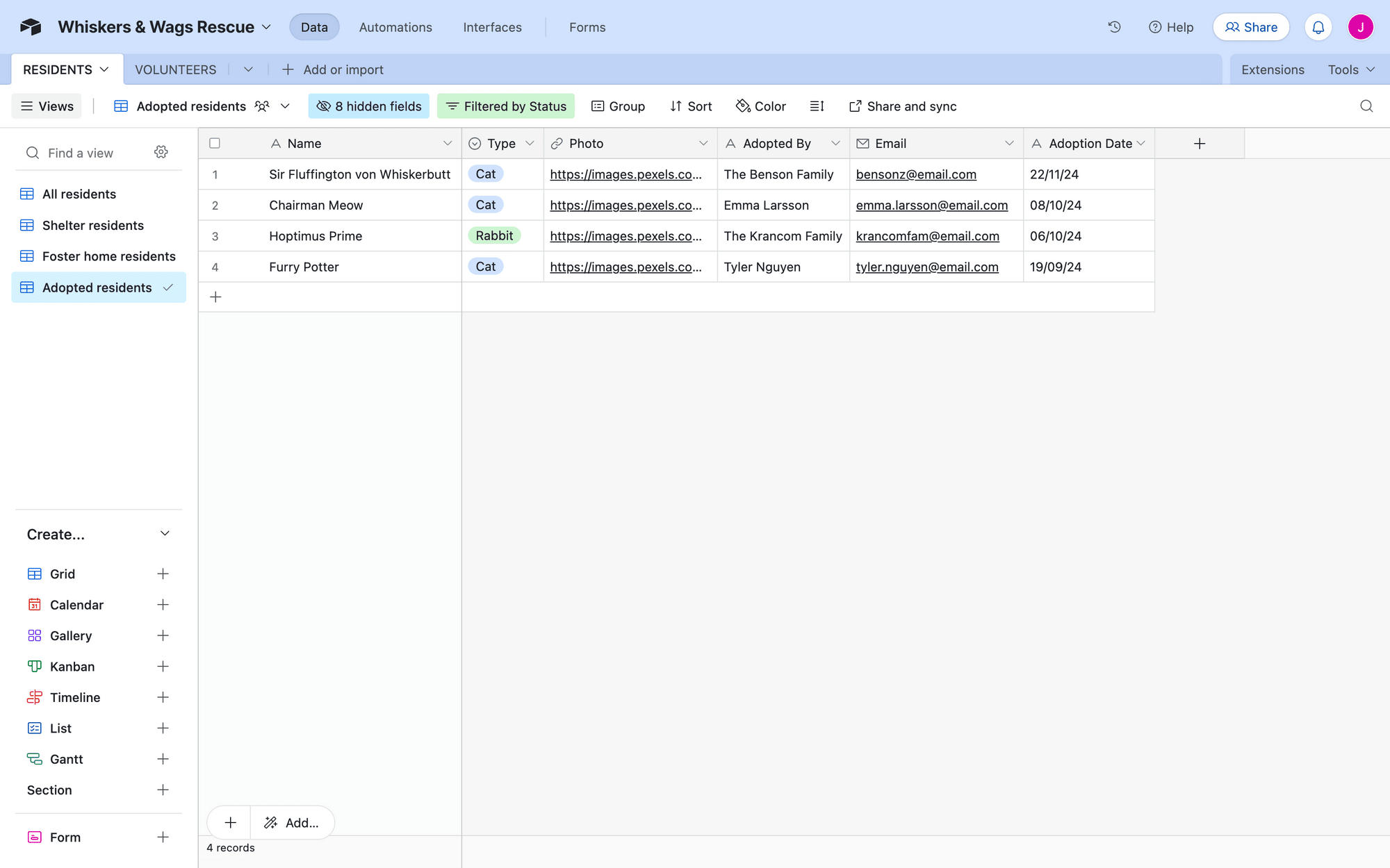 Screenshot of Airtable base with sample data