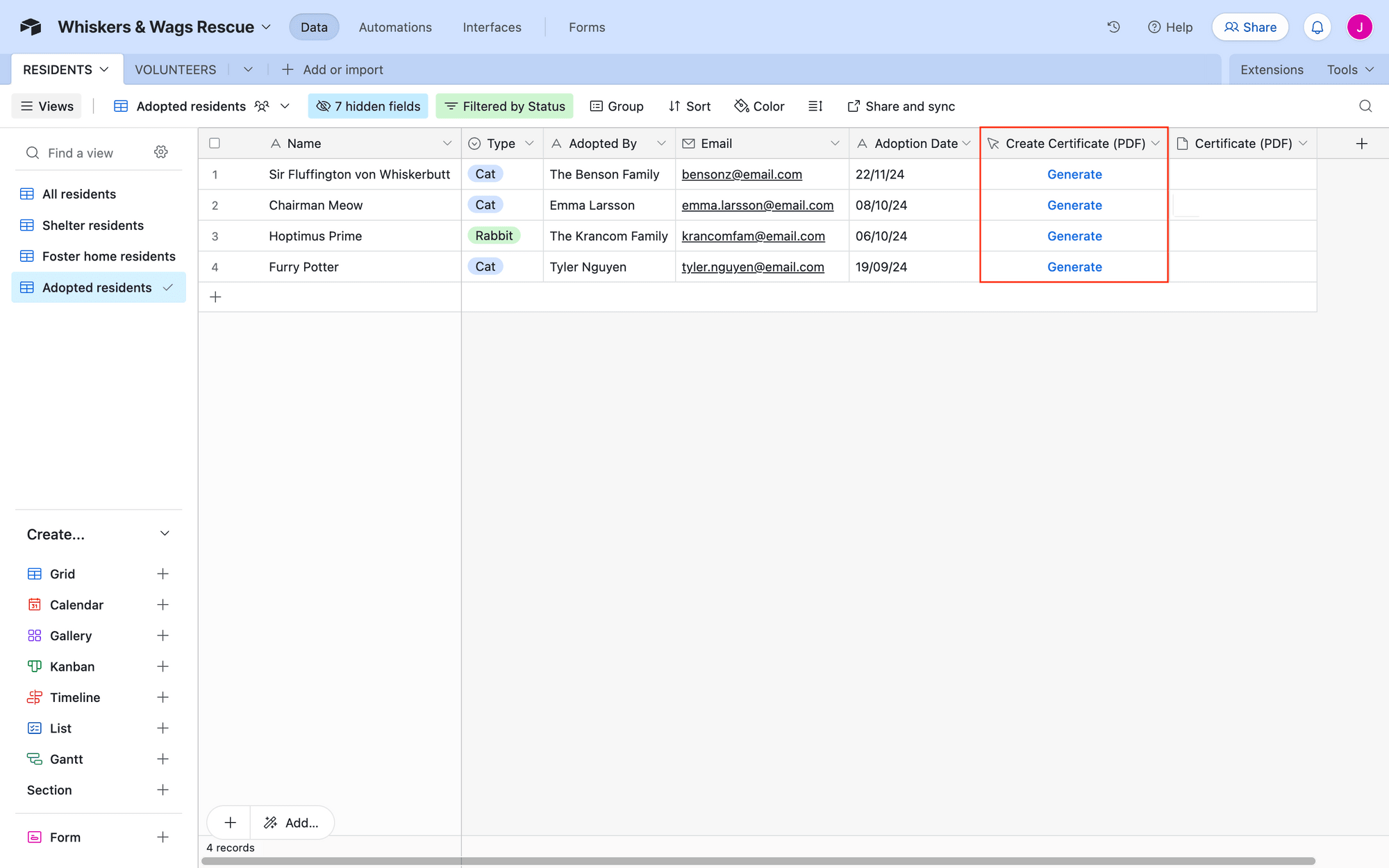 Screenshot of Airtable base with create certificate buttons outlined in red