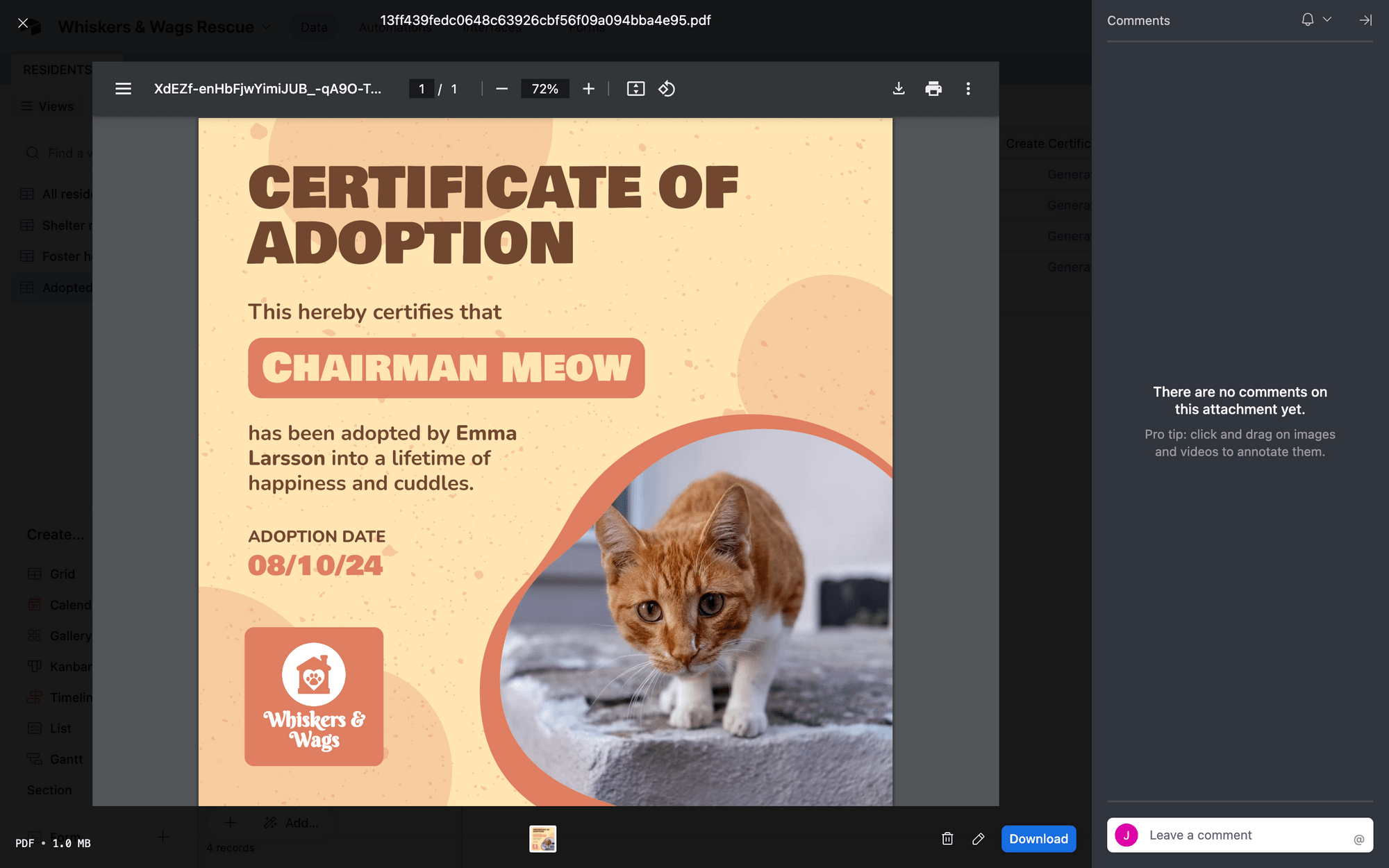 Screenshot of generated Bannerbear certificate preview