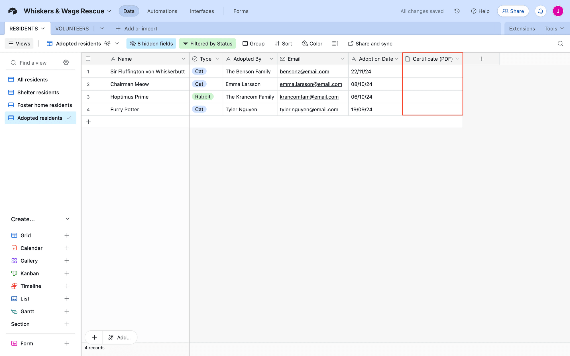 Screenshot of Airtable base with certificate attachment field outlined in red