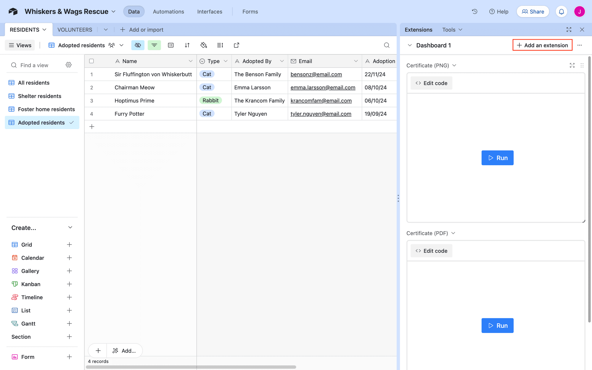 Screenshot of Airtable base with Add an extension button outlined in red