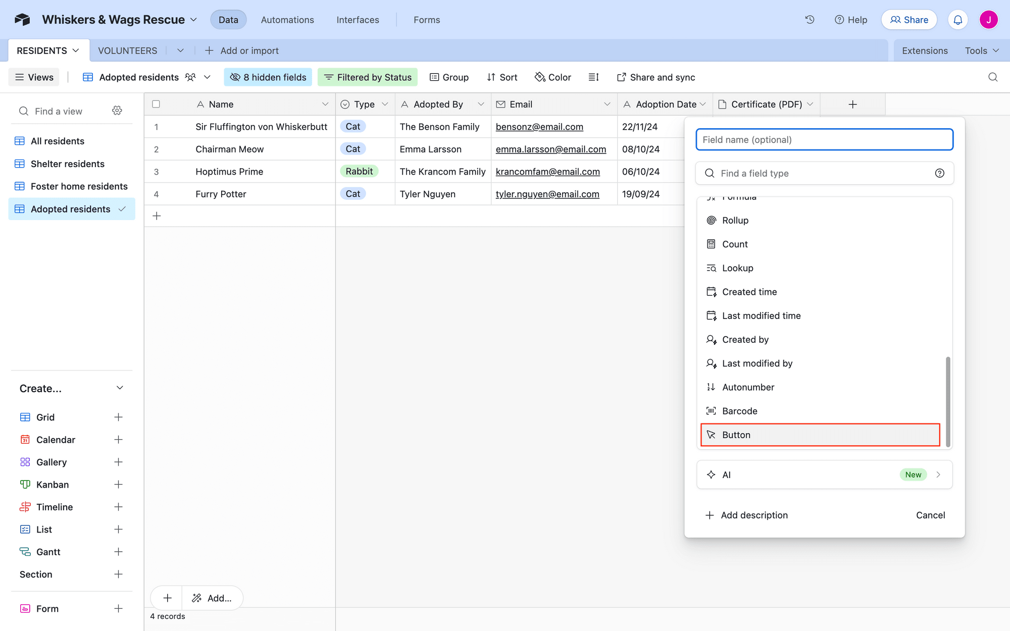 Screenshot of Airtable base with new button field option outlined in red