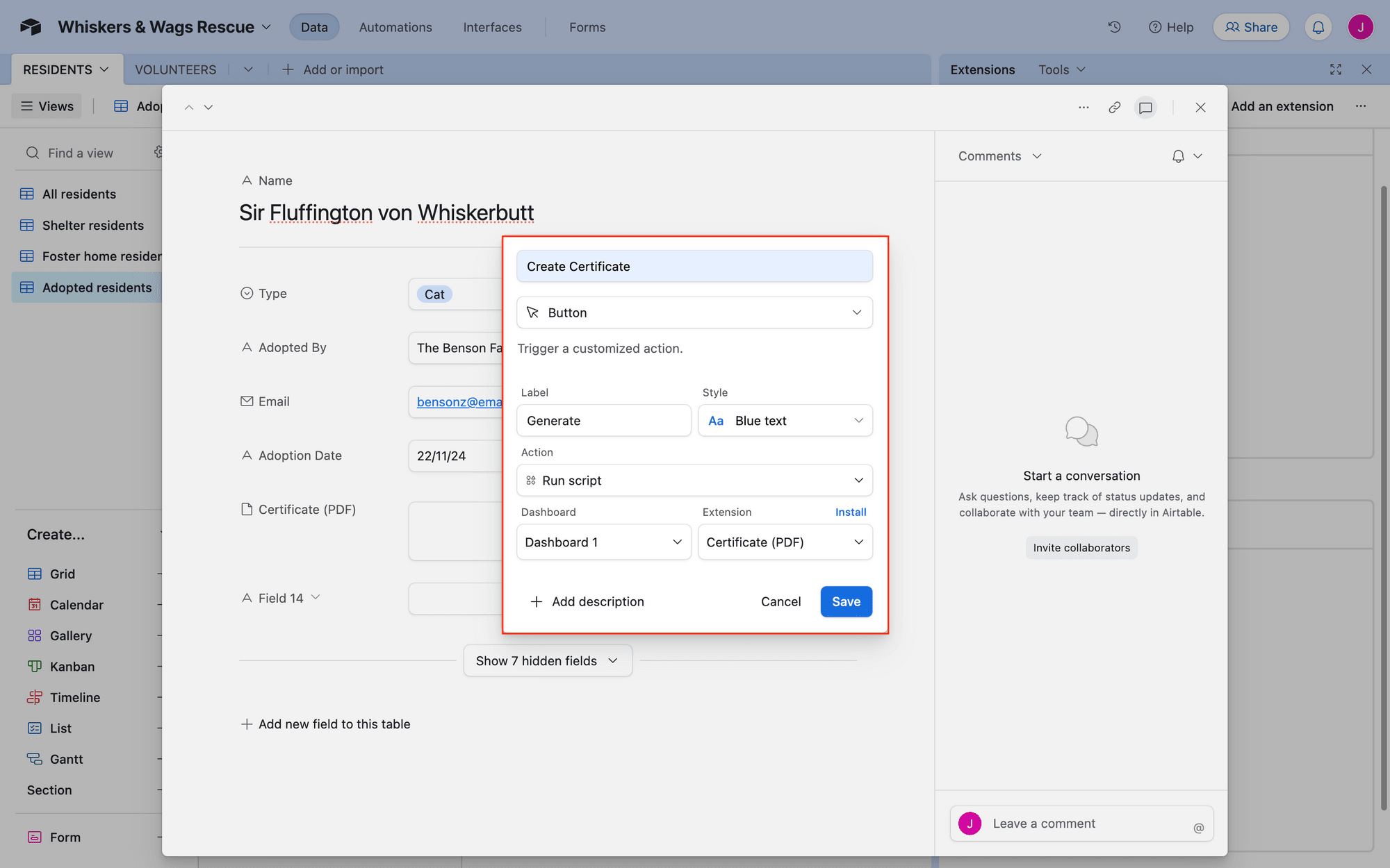 Screenshot of Airtable base with run script button field setup