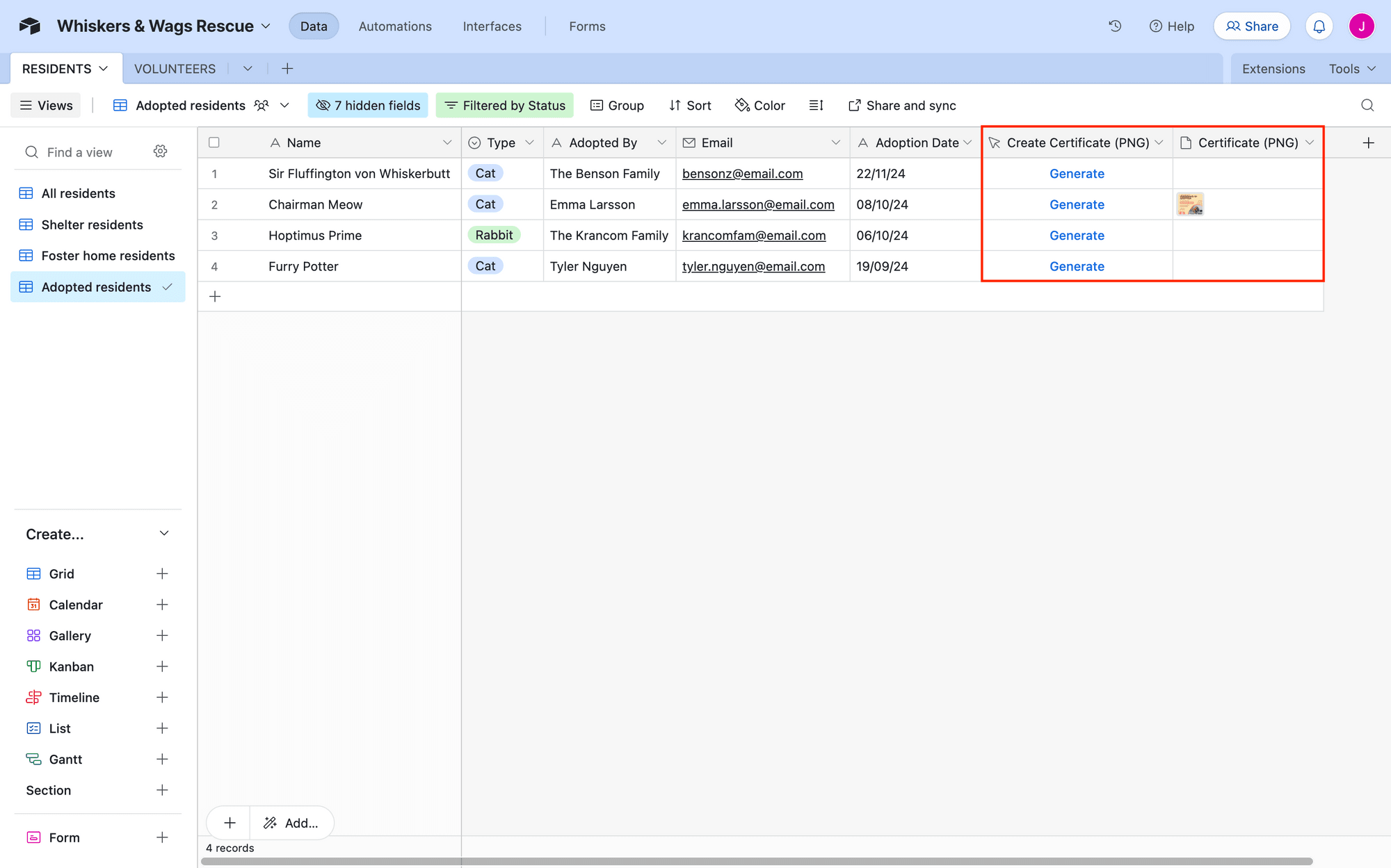 Screenshot of Airtable base with certificate generation and output outlined in red