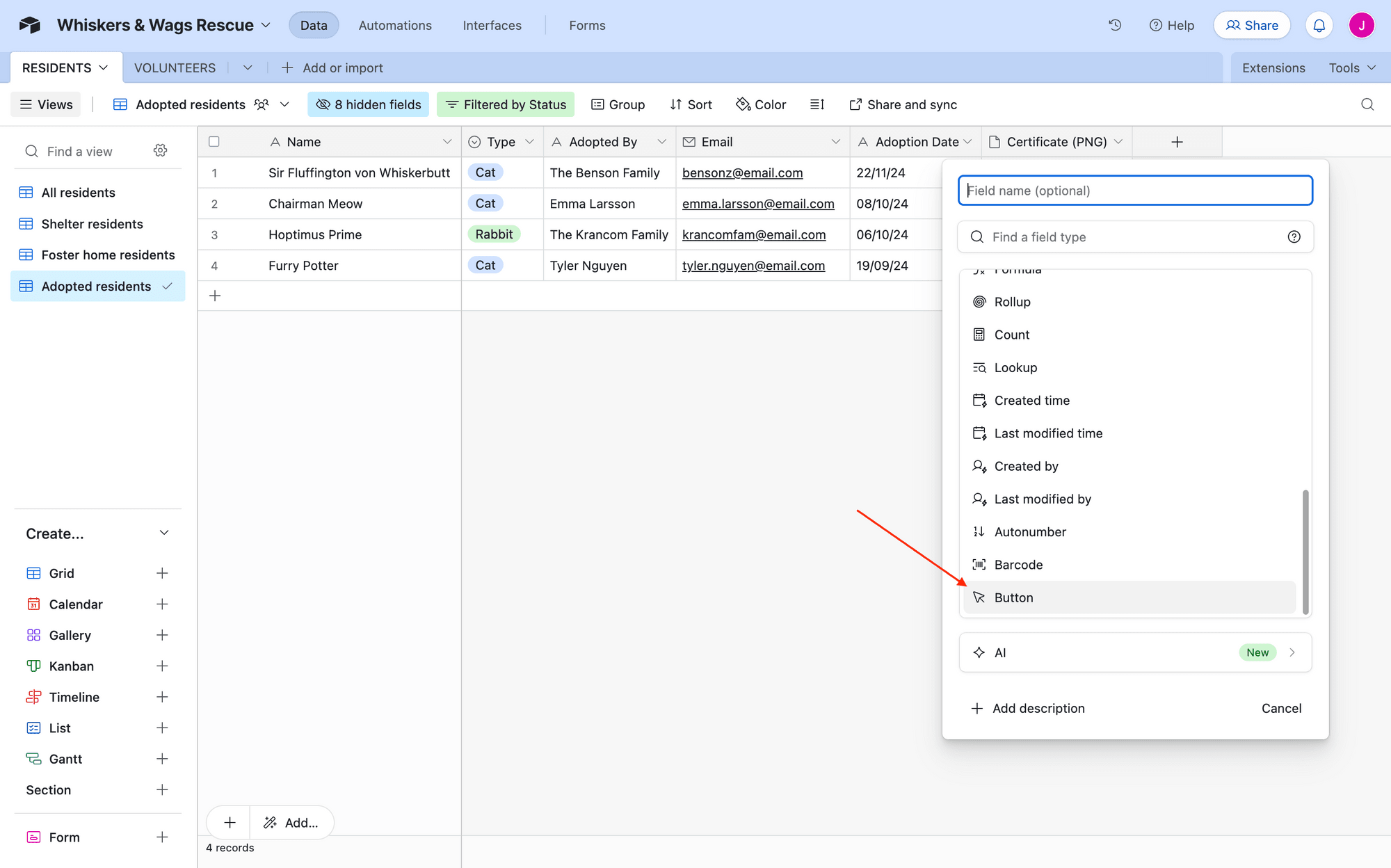 Screenshot of Airtable base with red arrow pointing to new button field