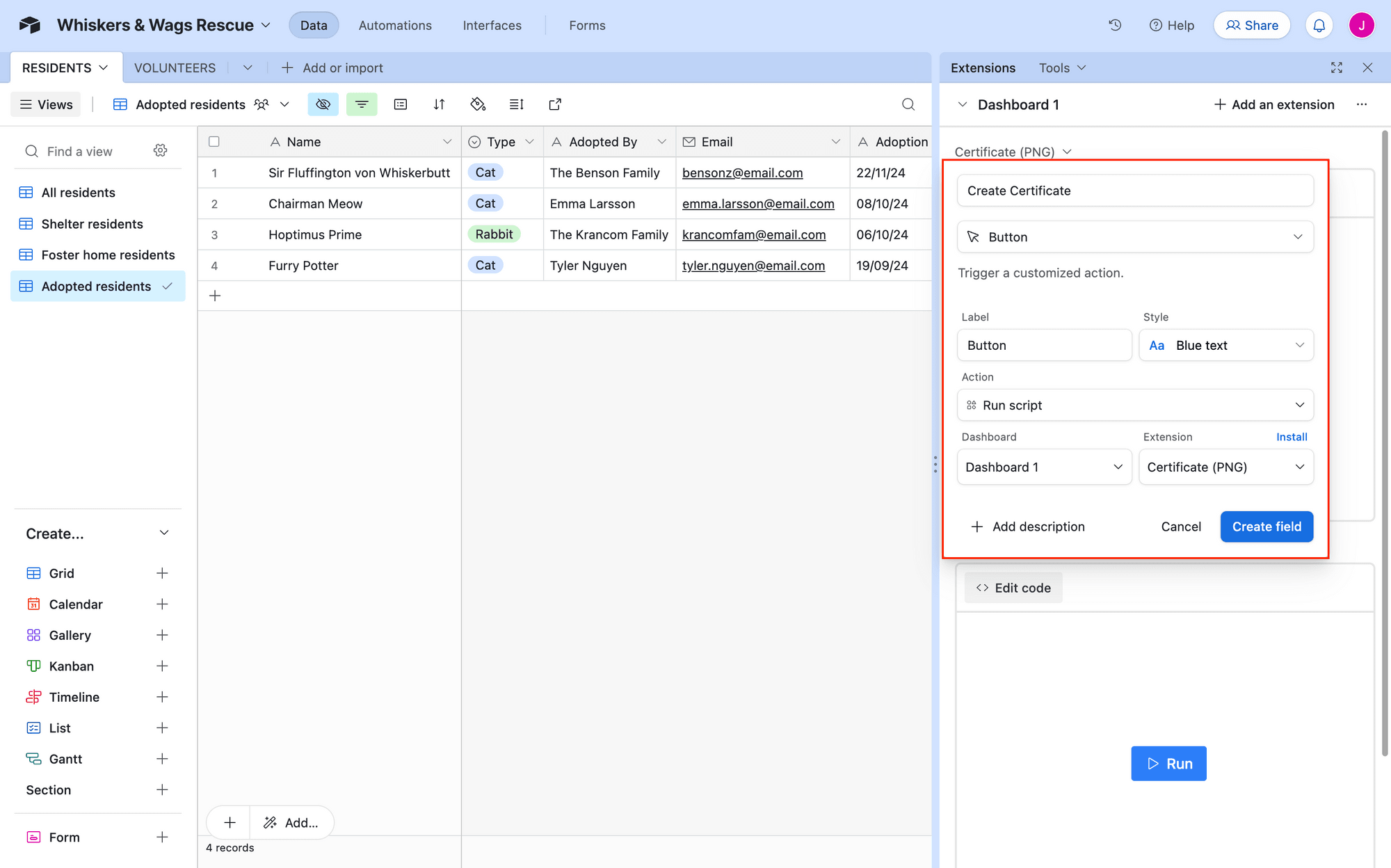 Screenshot of Airtable base with new button field type setup outlined in red