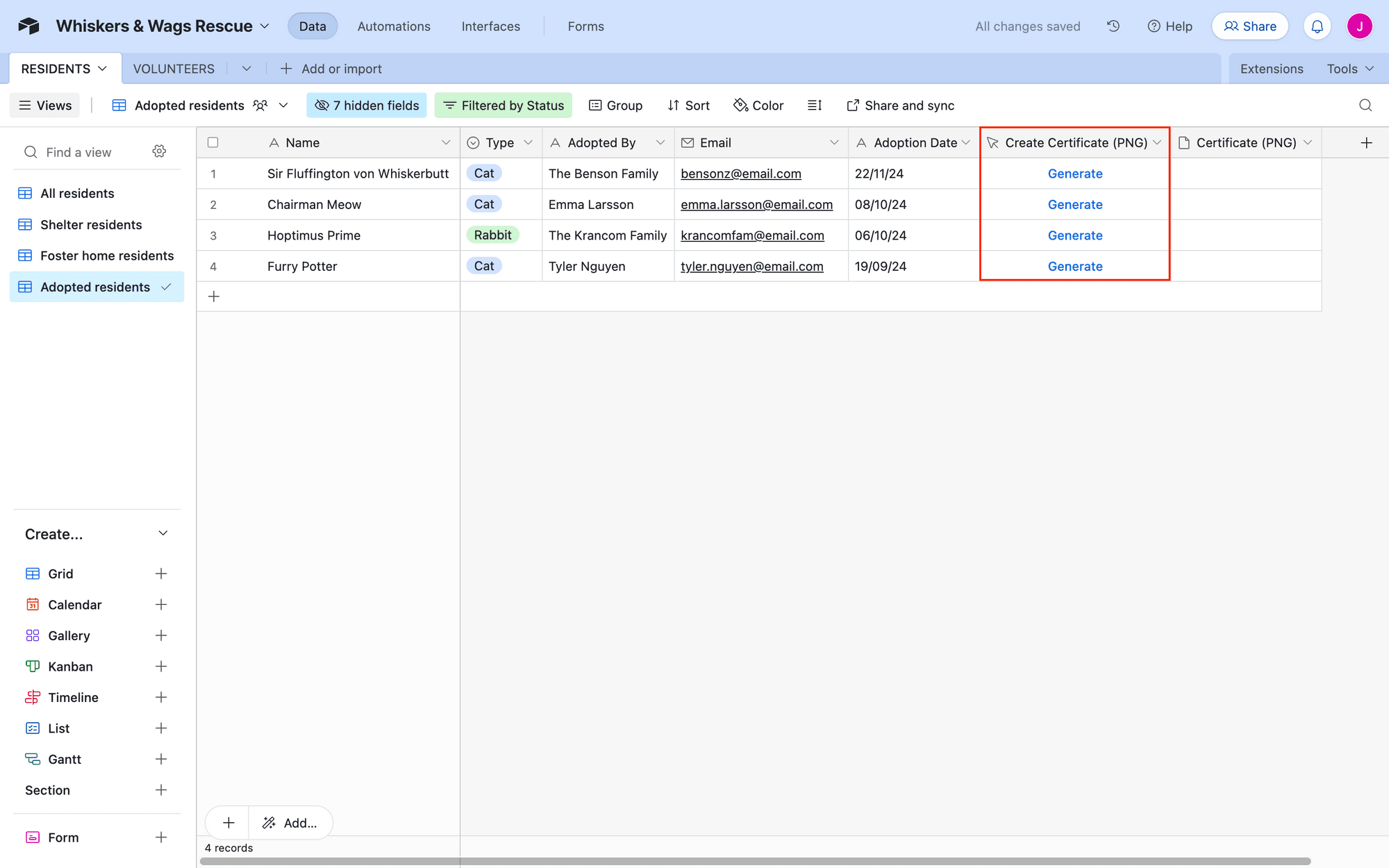 Screenshot of Airtable base with create certificate button outlined in red