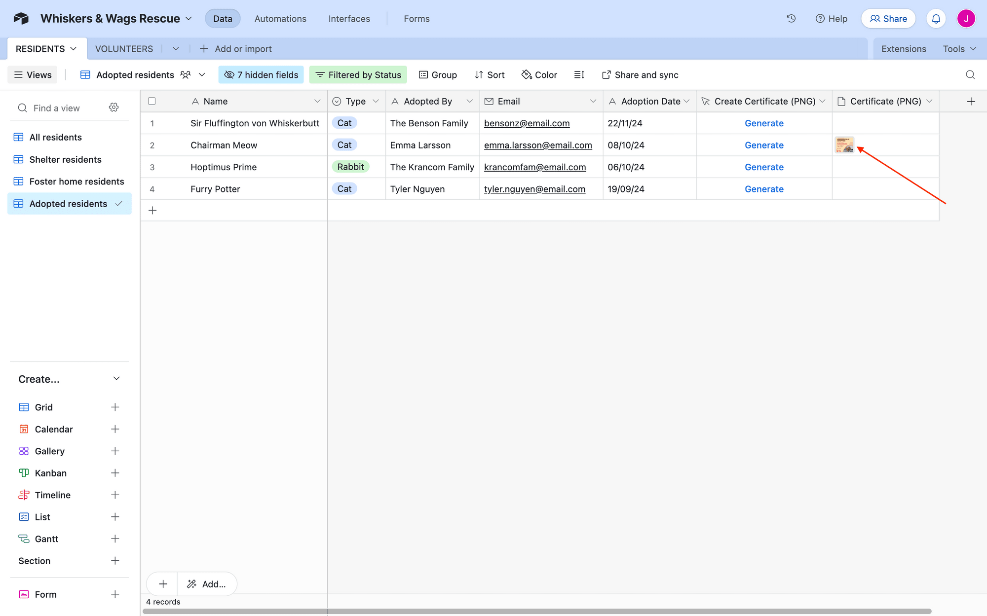 Screenshot of Airtable base with red arrow pointing to output image