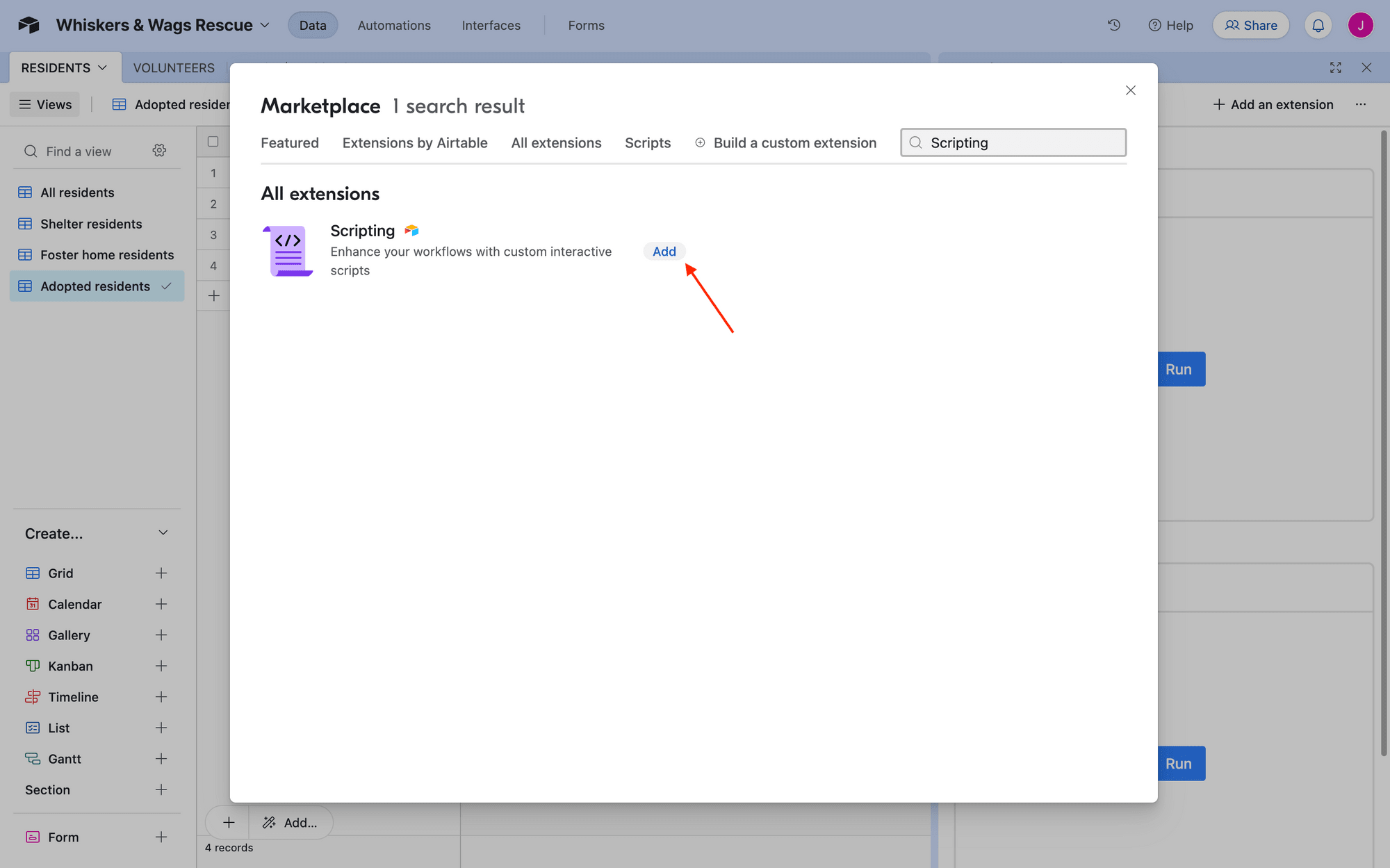 Screenshot of Airtable extensions marketplace with red arrow pointing to Add scripting extension