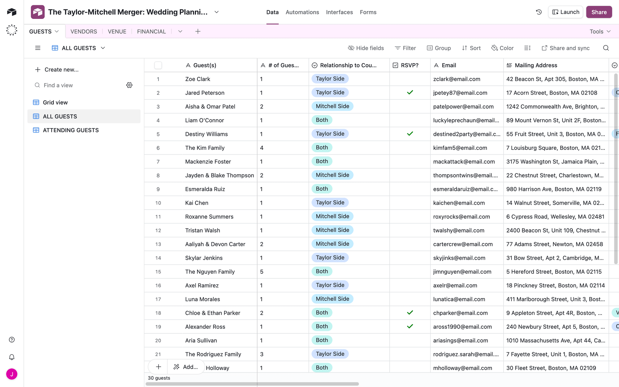 Screenshot of Airtable base with wedding planning data