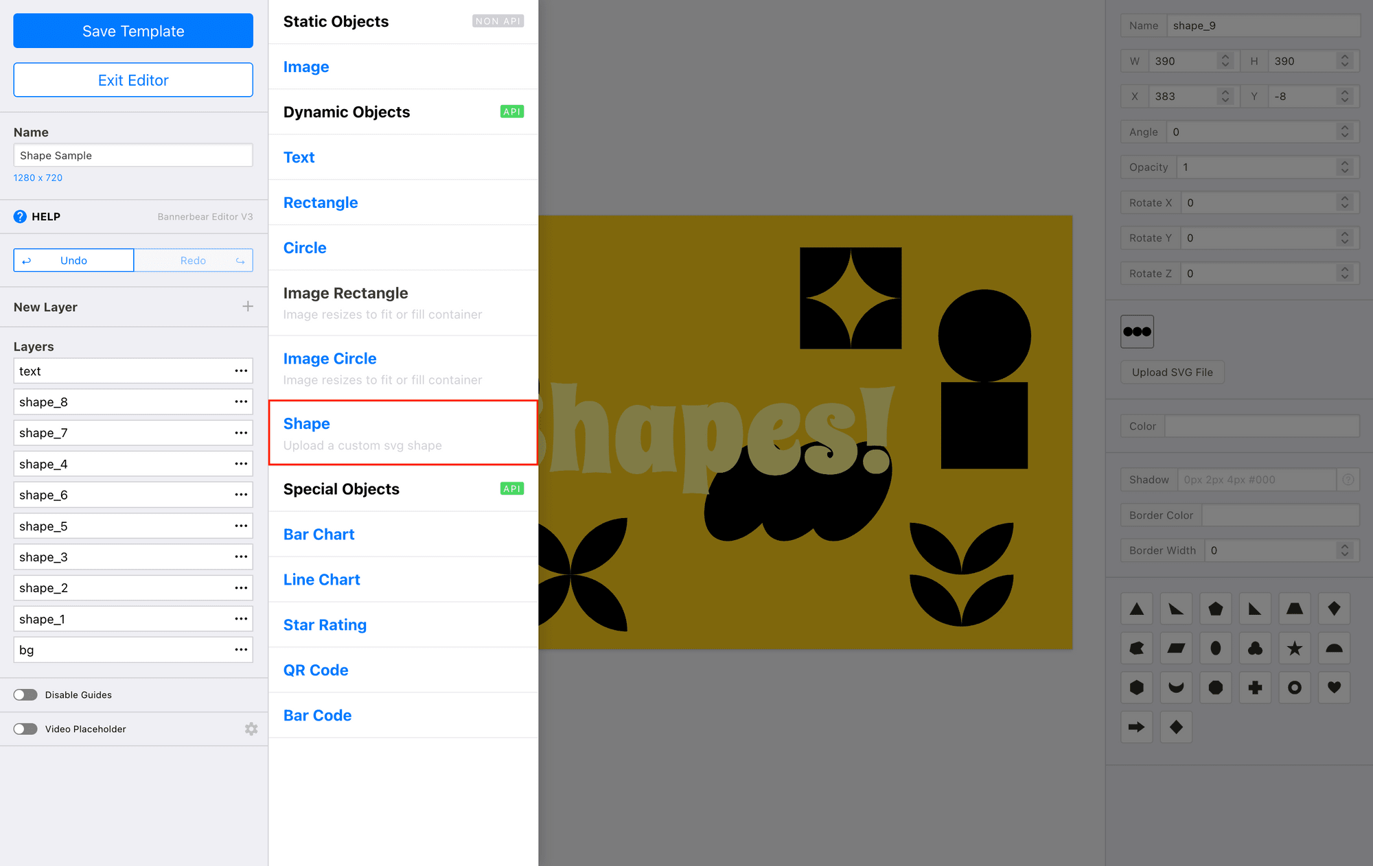 Screenshot of Bannerbear editor with shape layer outlined in red