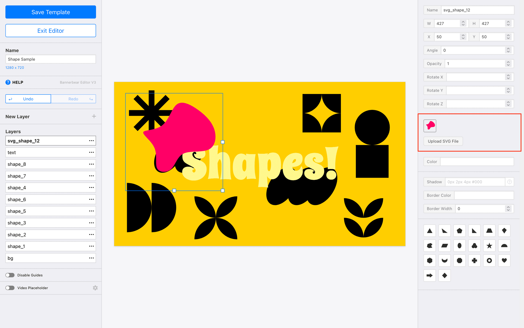 Screenshot of Bannerbear editor with upload SVG file button outlined in red