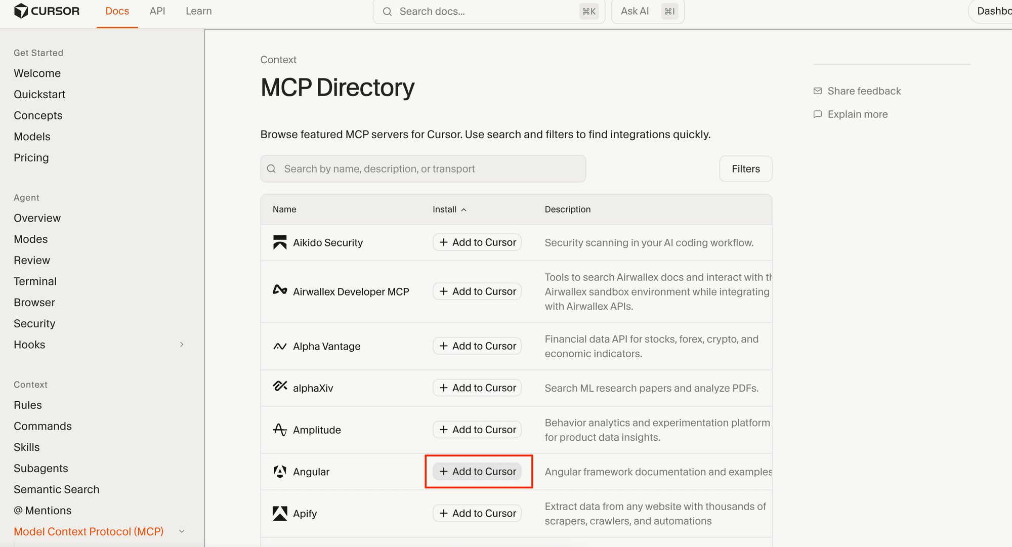 a screenshot of the Cursor MCP Directory with the "Add to Cursor" button highlighted