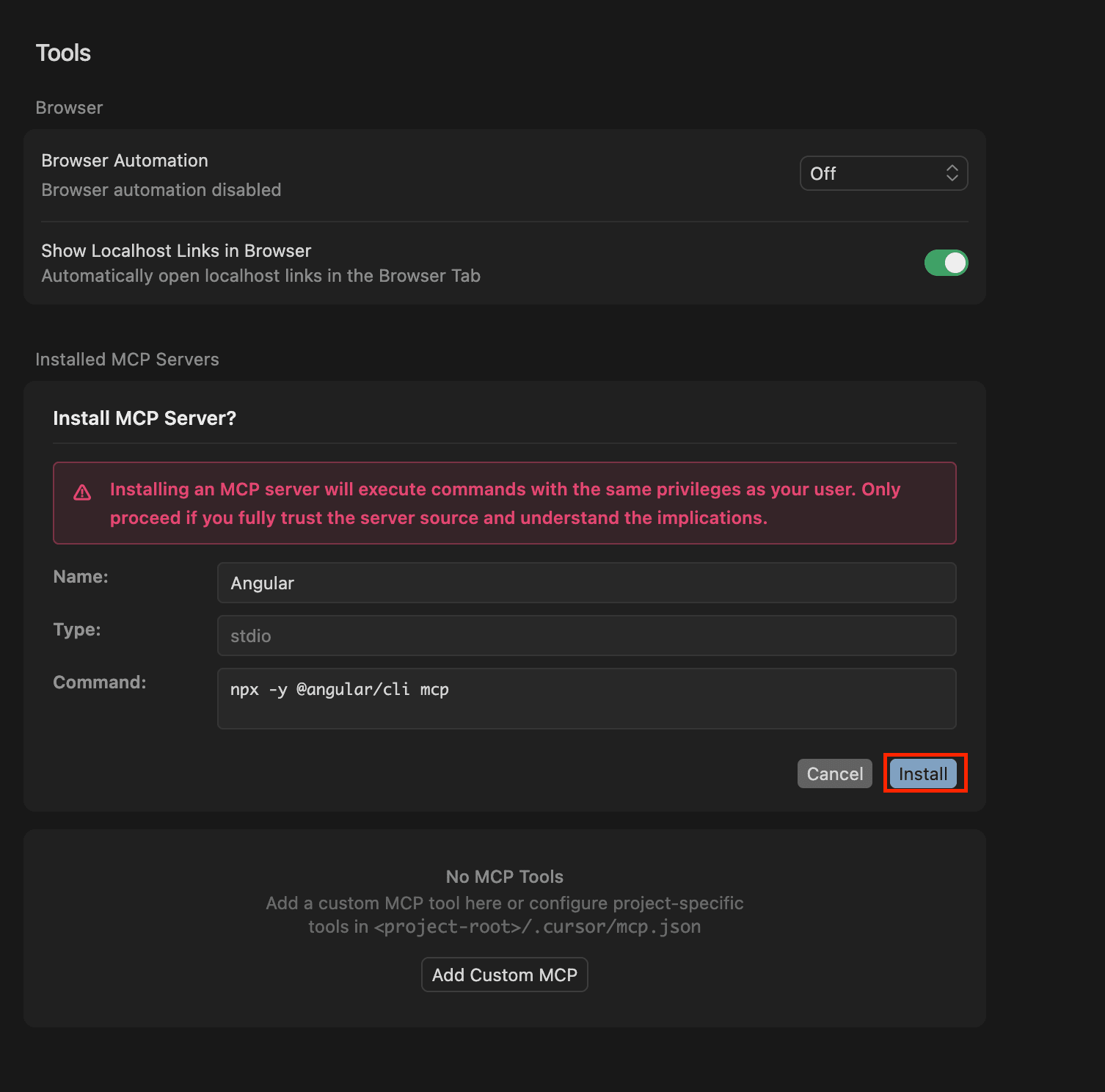installing the MCP server in Cursor settings