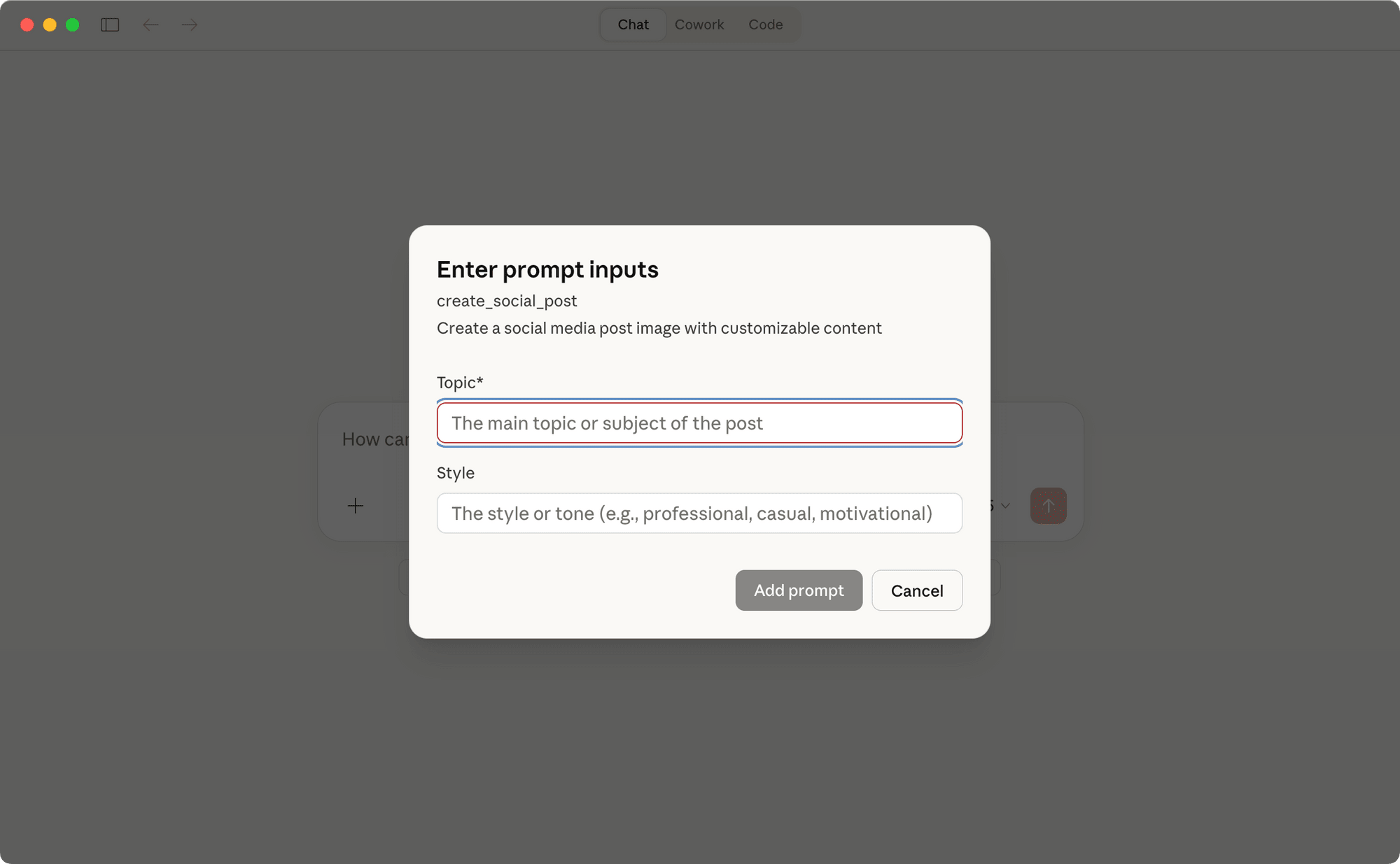 a screenshot showing a prompt with input fields